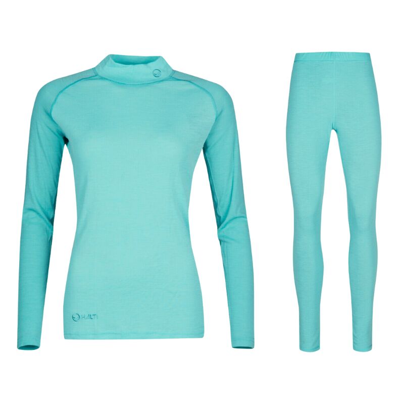 Halti Neva Merino Kerrasto Naisten: aqua blue merino-polyester set, ihanteellinen aktiivinen ulkoilu.