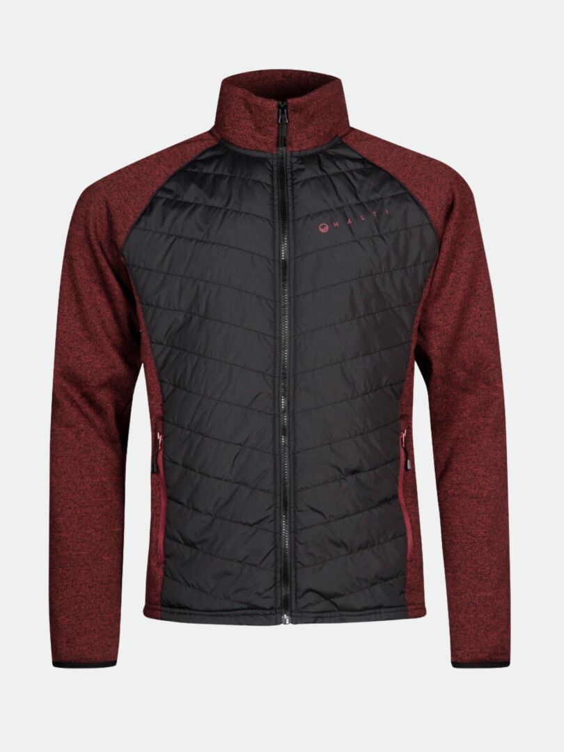 Halti Streams Hybrid Välitakki Miesten hihoissa on ruskeanruskeat hihat ja musta tikattu etuosa, joka näkyy vaalealla pohjalla.