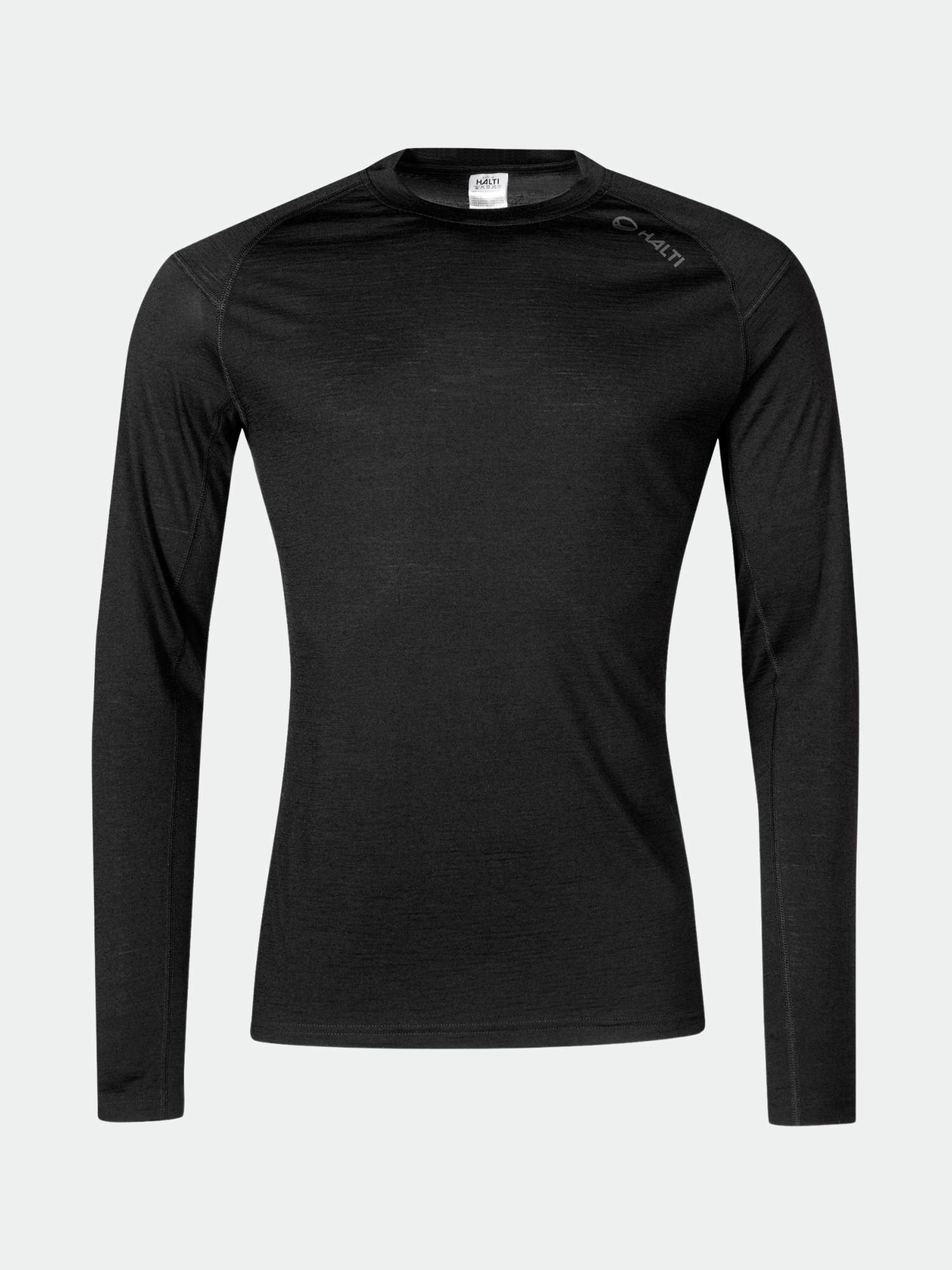 Halti Pihka II Merino Aluspaita Miesten, musta, jossa on pääntien pääntie, kuvassa valkoisella pohjalla.