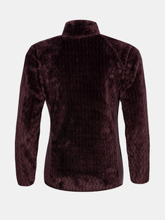 Halti Thermel Välitakki Naisten, tummanruskea pitkähihainen fleece korkealla kauluksella, kuvassa selästä valkoisella.