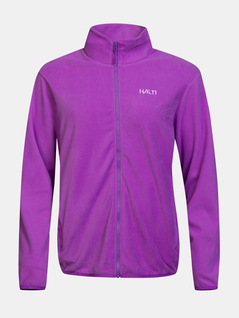 Halti Rockmoon -fleecetakki naisille: violetti, pitkät hihat, korkea kaulus, HALTI-logo rinnassa.