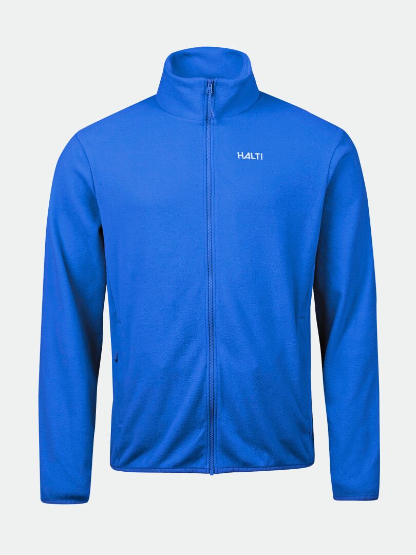 Halti Rockmoon Fleecetakki Miesten on kirkkaan sininen fleece, jossa on korkea kaulus, ihanteellinen välikerros ulkoiluun.