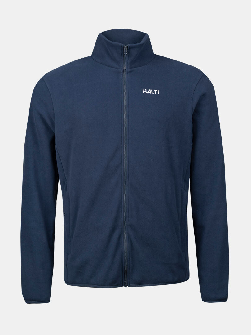 Halti Rockmoon Fleecetakki Miesten: tummansininen fleece, jossa on pystykaulus ja logo rinnassa – täydellinen välikerrosulkoilutakki.
