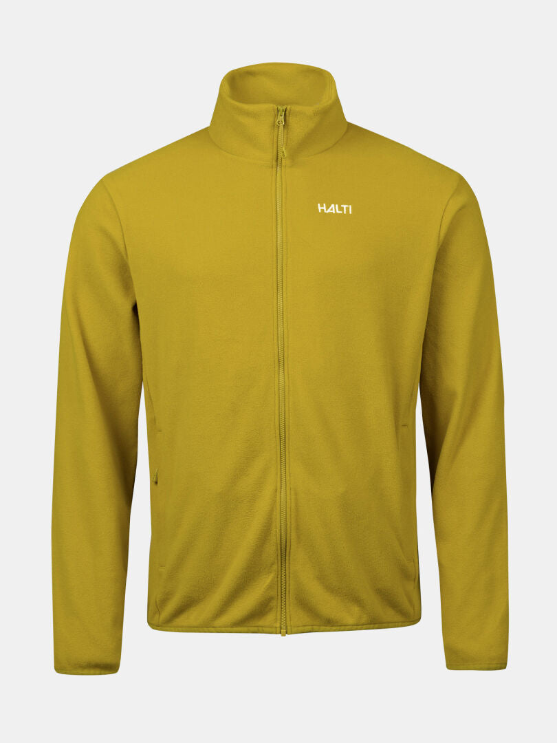 Halti Rockmoon Fleecetakki Miesten on sinapinkeltainen fleece ulkoiluvaatteiden alle kerrostettavaksi.