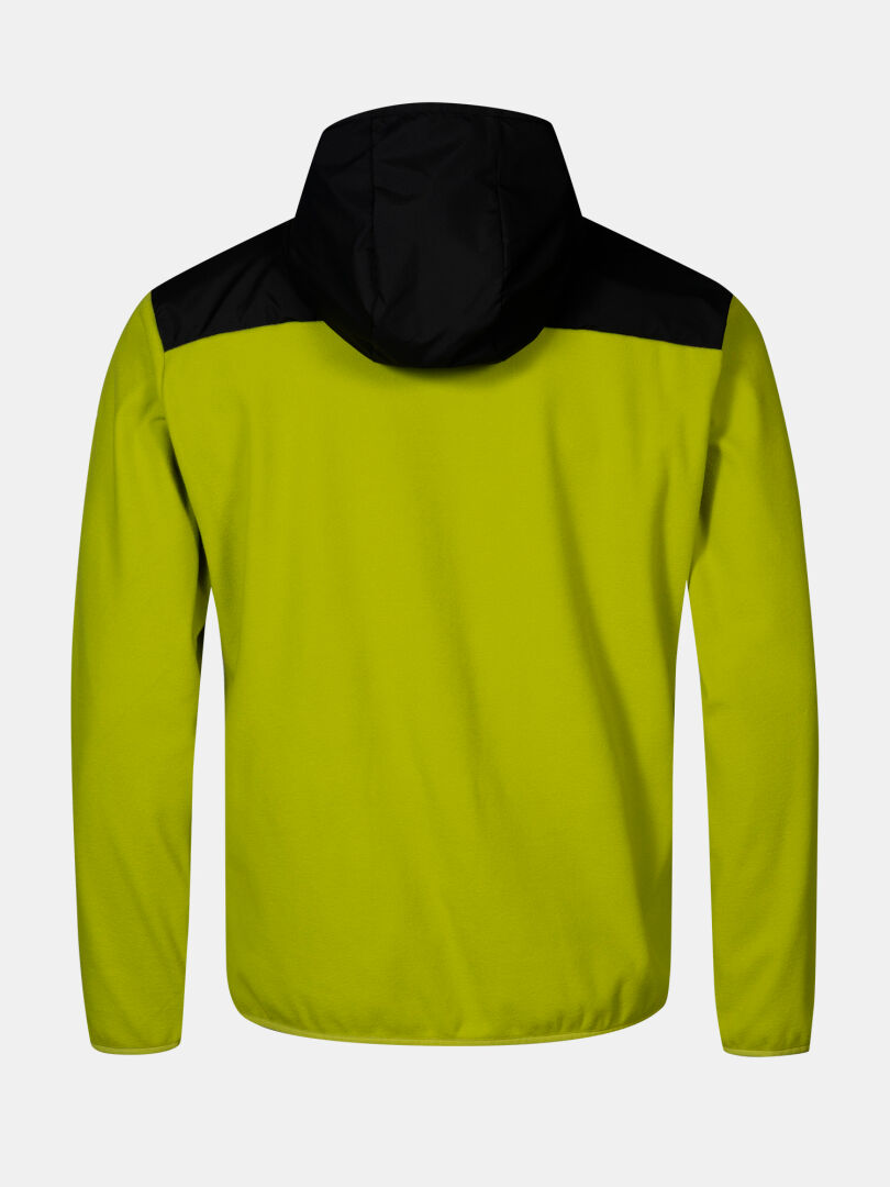 Limenvihreä Halti Rockmoon Fleecehuppari Miesten takaa kuvattuna, pitkät hihat, huppu ja mustat olkapäät.