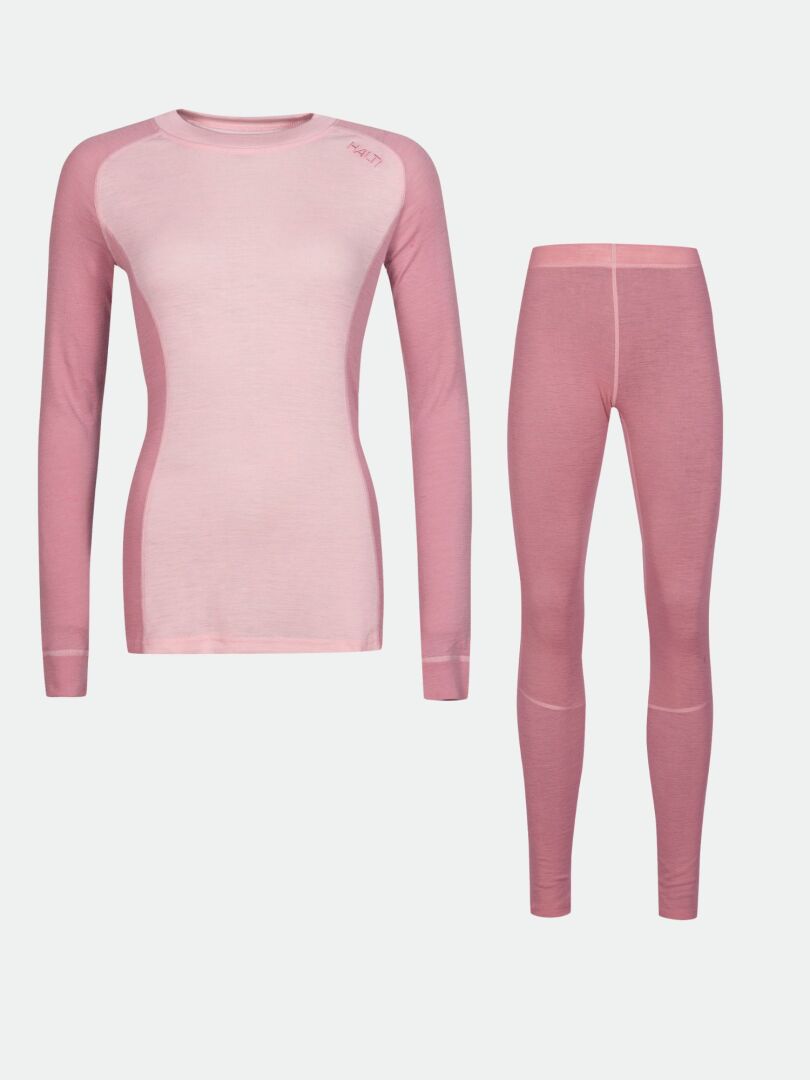 Halti Hossa II Merino Kerrasto Naisten lämpöpaita- ja legginsit-setti vaaleanpunaisella värillä yksivärisellä pohjalla.
