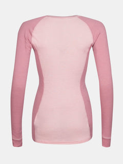 Halti Hossa II Merino Kerrasto Naisten takakuva: kaksivärinen vaaleanpunainen pitkähihainen paita, jossa on tummemmat hihat ja sivut.