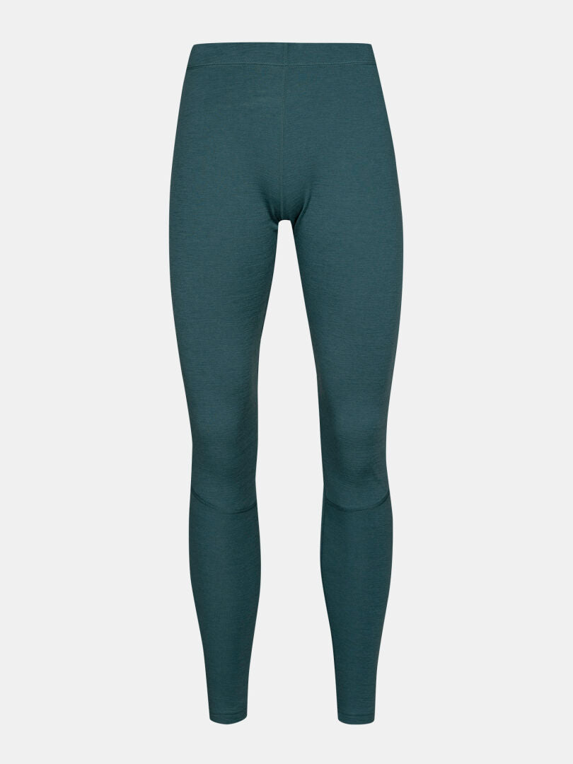 Halti Hossa II Merino Kerrasto -naisten teal-väriset leggingsit, jotka on valmistettu kevyestä merinovillaisesta aluskerrastosta, kuvattuna yksivärisellä valkoisella taustalla.