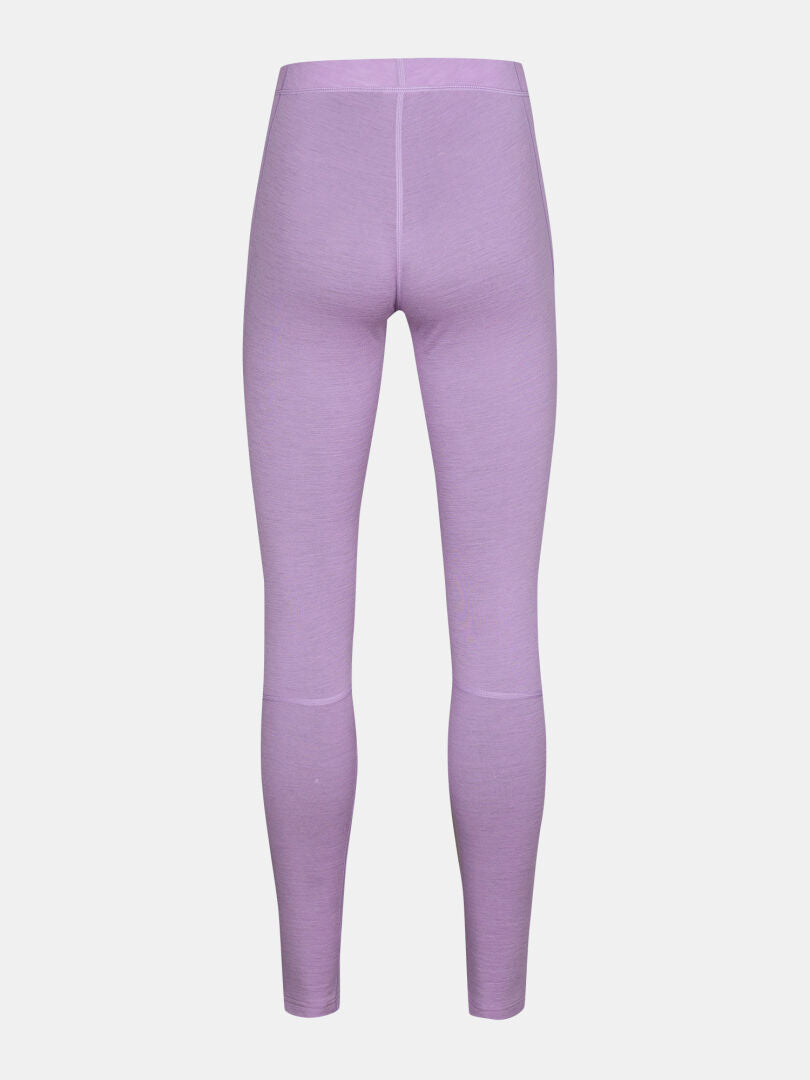 Korkeavyötäröiset, laventelinväriset Halti Hossa II Merino Kerrasto -naisten leggingsit, kuvattu takaa valkoisella taustalla.