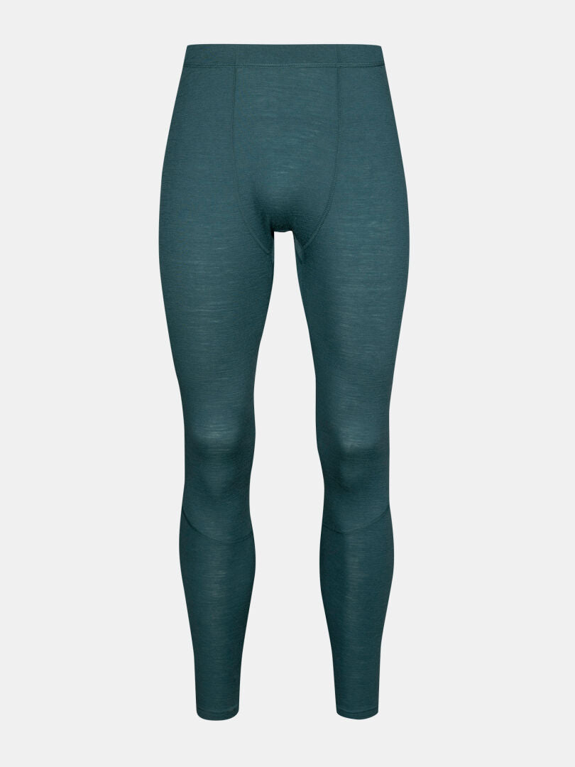Tealinsiniset täyspitkät leggingsit ja Halti Hossa II Merino Kerrasto Miesten -paita, kuvattu valkoisella taustalla.