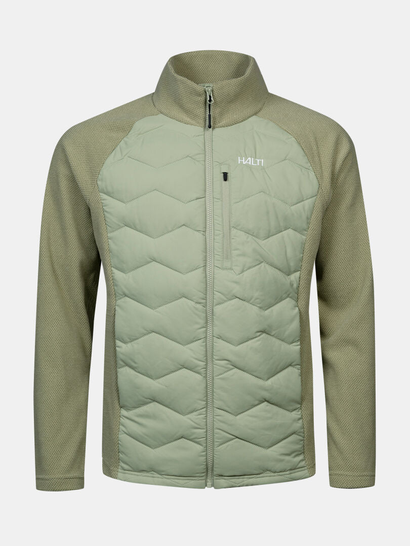 Halti Suomis Hybrid -miesten välitakki: vaaleanvihreä, tikattu etuosa, rintatasku, logo, Microtherm® Dynamic -eristys.