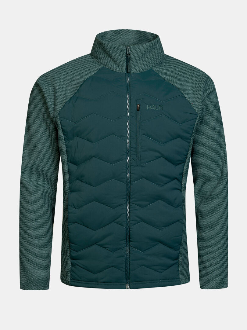 Halti Suomis Hybrid -välitakki miehille: edessä tikattu chevron-kuvio, fleece-hihat, Microtherm® Dynamic, rintatasku.