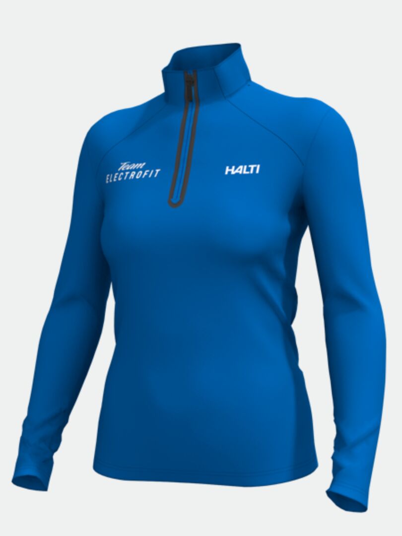 Halti Jaako Paita Naisten - Electrofit on sininen puolivuotinen Active Dry Sport Knit -paita, jossa on valkoiset rintalogot.