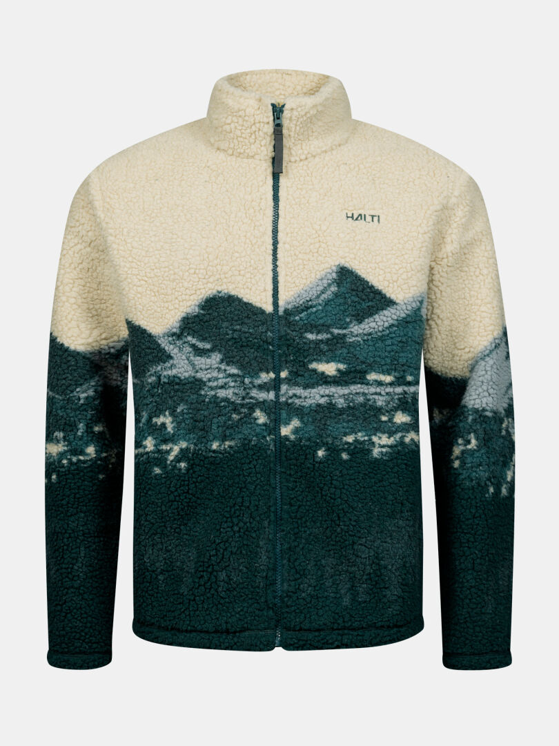 Halti Tunturit Fleecetakki Unisex: kermanvärinen/tummanvihreä fleece, jossa on vuoristokuvio, vetoketju, lämmin välikerros.